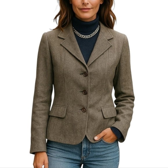 Escada Virgin Wool Tailored Pleated Blazer in Brown and Cream Size 10 / EU 44 - Picture 1 of 13